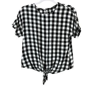 Madewell Button-Back Tie Tee Short Sleeve Top Buffalo Check White Black Size XXS